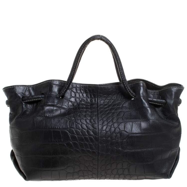 Pre Owned Furla Black Crocodile Embossed Leather Medium Tassel Tote