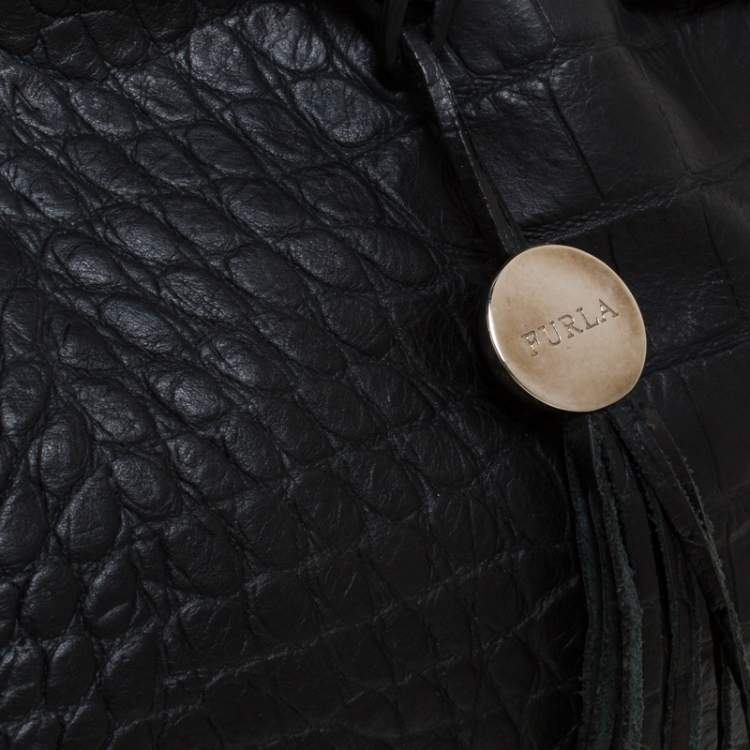 Pre Owned Furla Black Crocodile Embossed Leather Medium Tassel Tote