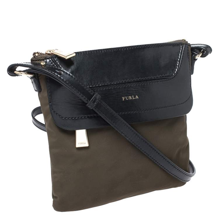 Pre Owned Furla Military Green Nylon and Leather Pop S Bandoliera Bag 
