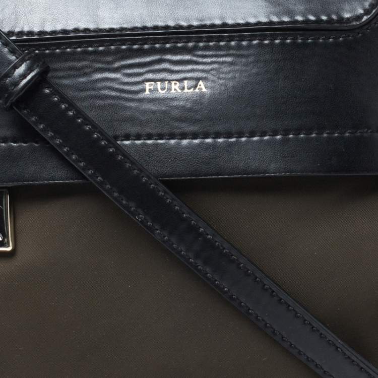 Pre Owned Furla Military Green Nylon and Leather Pop S Bandoliera Bag 