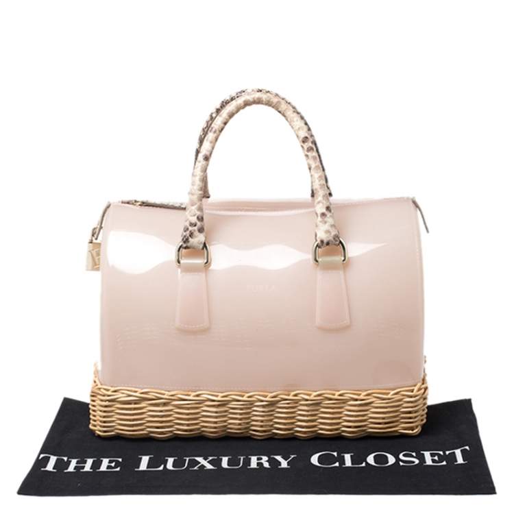 Pre Owned Furla Pink/Beige Glossy Rubber and Rattan Candy Satchel Bag