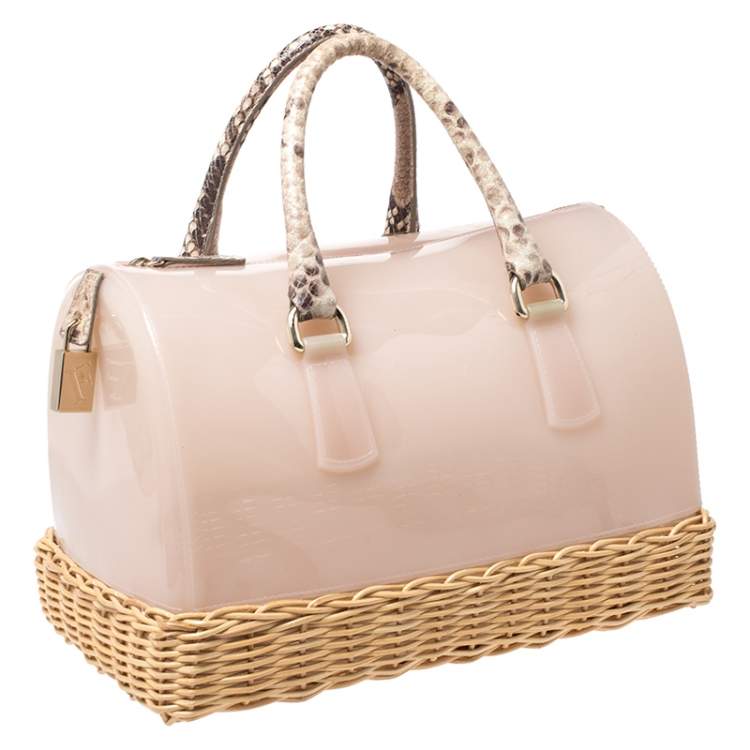 Pre Owned Furla Pink/Beige Glossy Rubber and Rattan Candy Satchel Bag