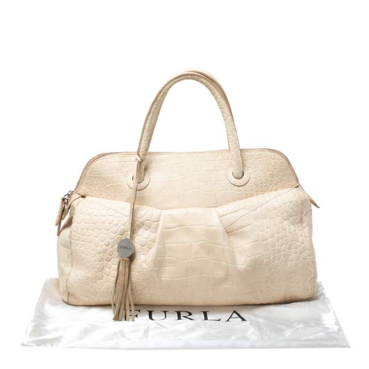 Pre Owned Furla Cream Croc Embossed Leather Tassel Satchel 