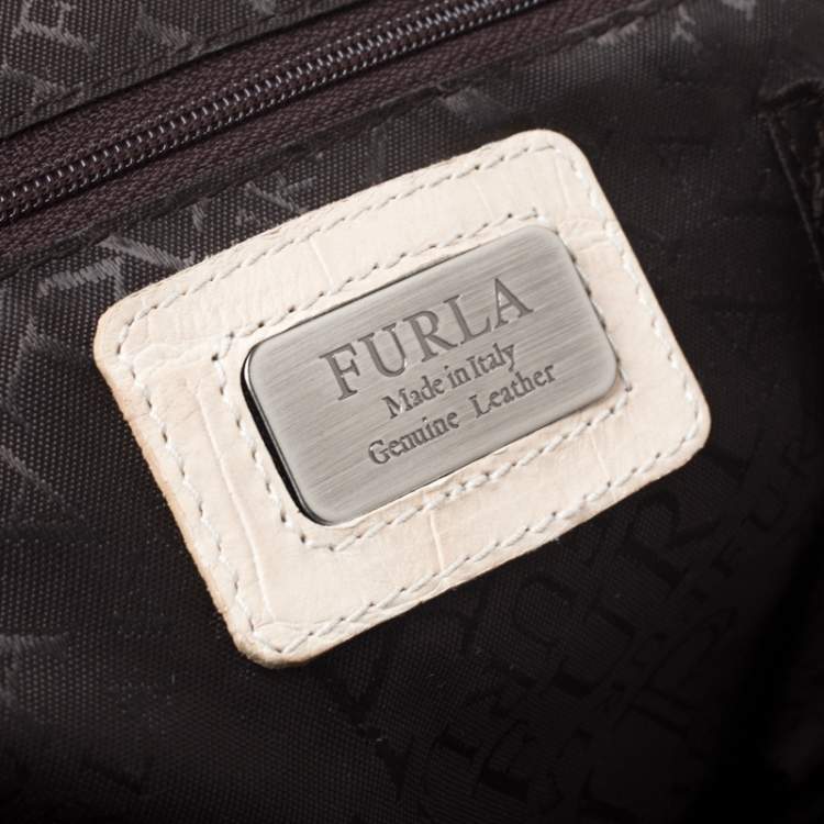 Pre Owned Furla Cream Croc Embossed Leather Tassel Satchel 