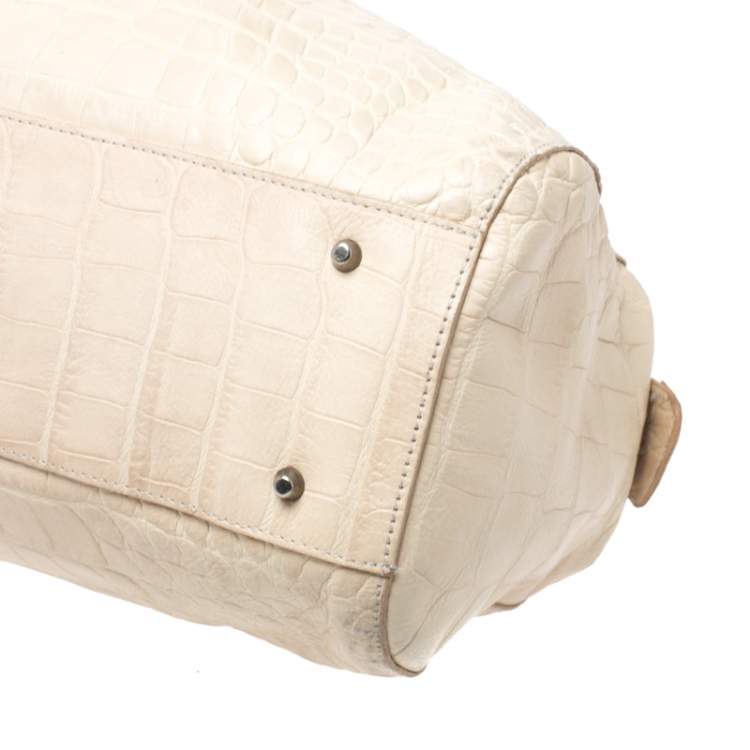 Pre Owned Furla Cream Croc Embossed Leather Tassel Satchel 