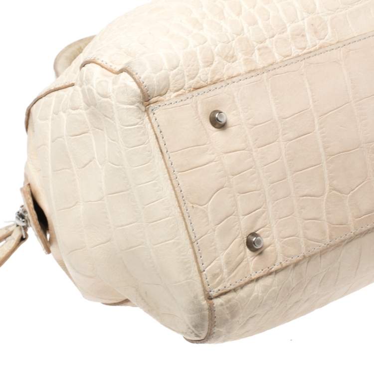 Pre Owned Furla Cream Croc Embossed Leather Tassel Satchel 