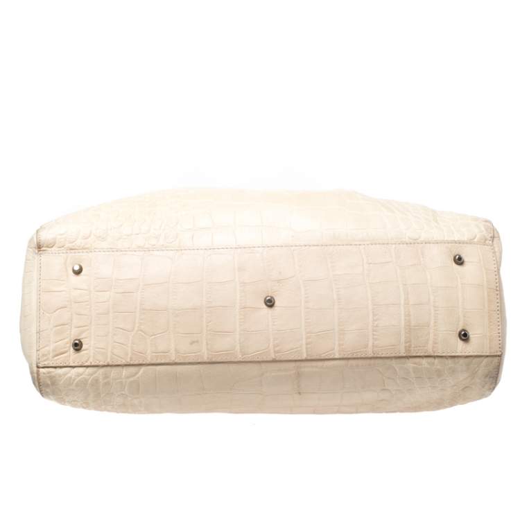 Pre Owned Furla Cream Croc Embossed Leather Tassel Satchel 