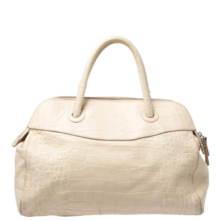 Pre Owned Furla Cream Croc Embossed Leather Tassel Satchel 