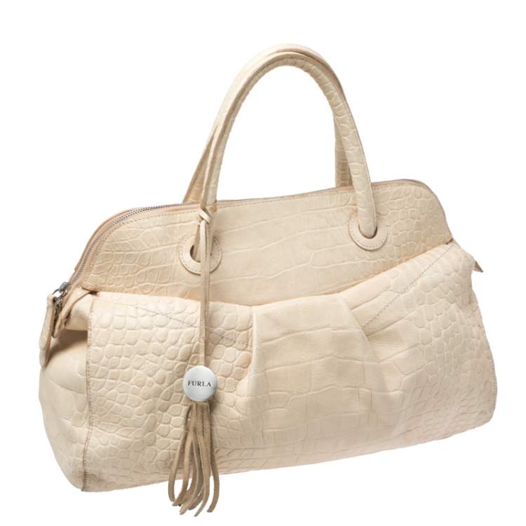 Pre Owned Furla Cream Croc Embossed Leather Tassel Satchel 