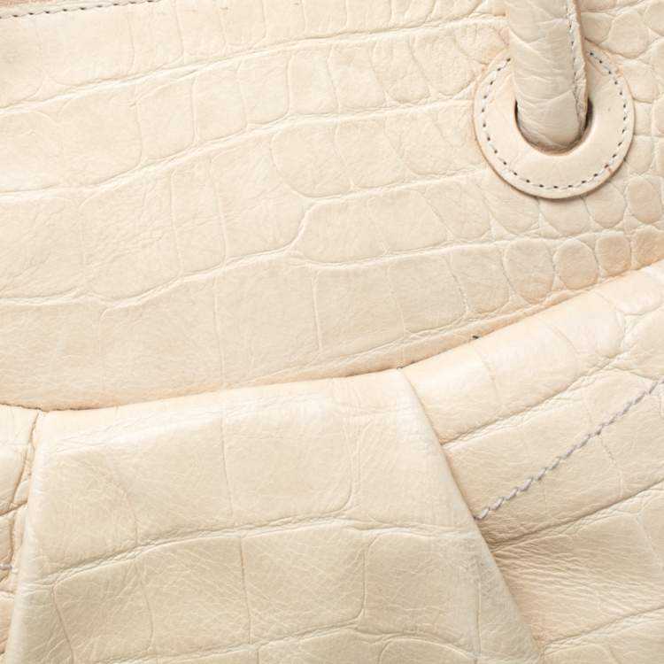 Pre Owned Furla Cream Croc Embossed Leather Tassel Satchel 