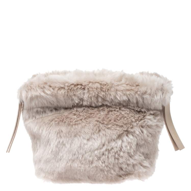 Pre Owned Furla Beige Faux Fur Drawstring Crossbody Bag