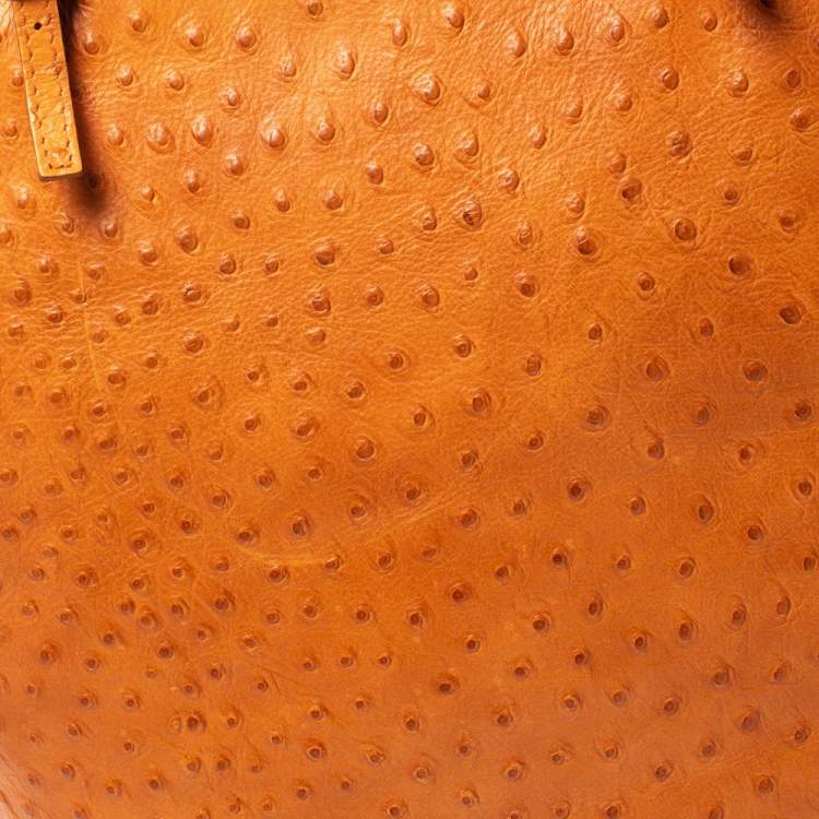 Pre Owned Furla Orange Ostrich Embossed Leather Shopper Tote