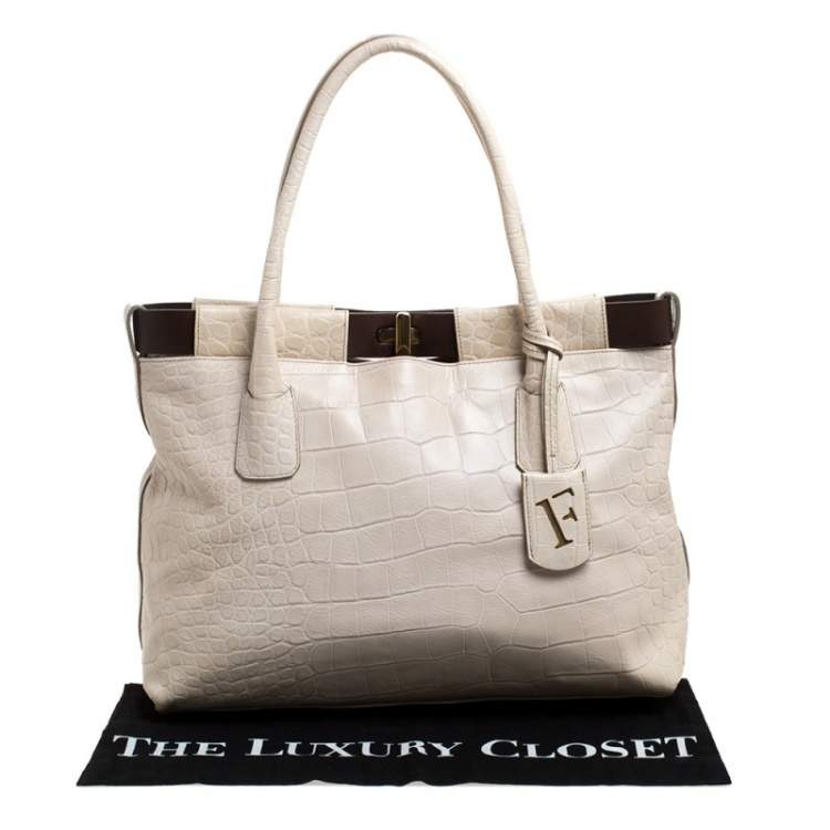 Pre Owned Furla Cream/Brown Croc Embossed Leather Tote