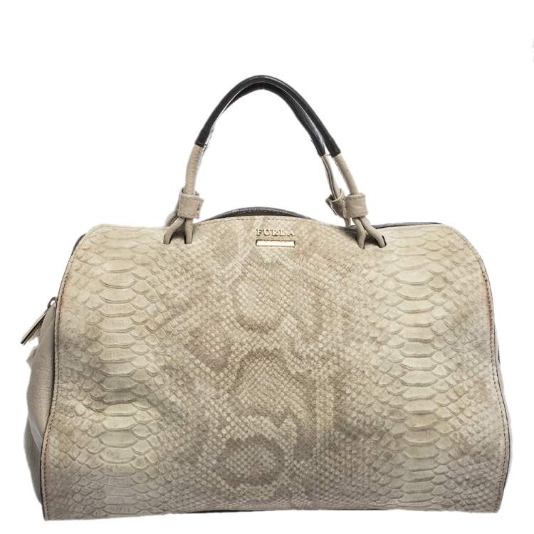 Pre Owned Furla Beige Python Embossed Leather Talia Satchel