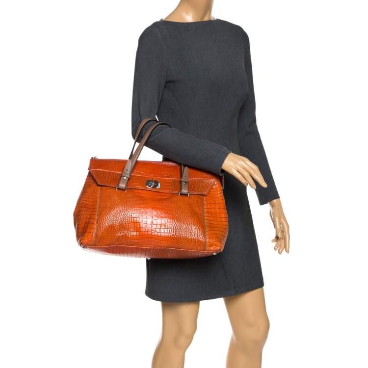 Pre Owned Furla Orange/Brown Croc Embossed Leather Satchel 