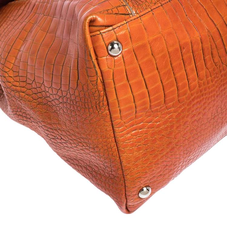 Pre Owned Furla Orange/Brown Croc Embossed Leather Satchel 