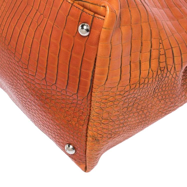 Pre Owned Furla Orange/Brown Croc Embossed Leather Satchel 