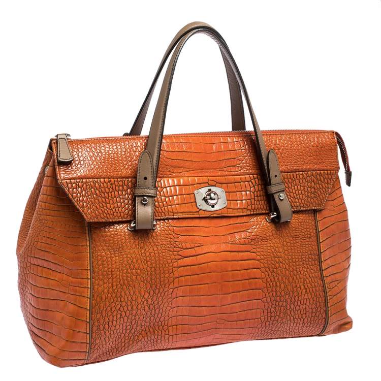 Pre Owned Furla Orange/Brown Croc Embossed Leather Satchel 