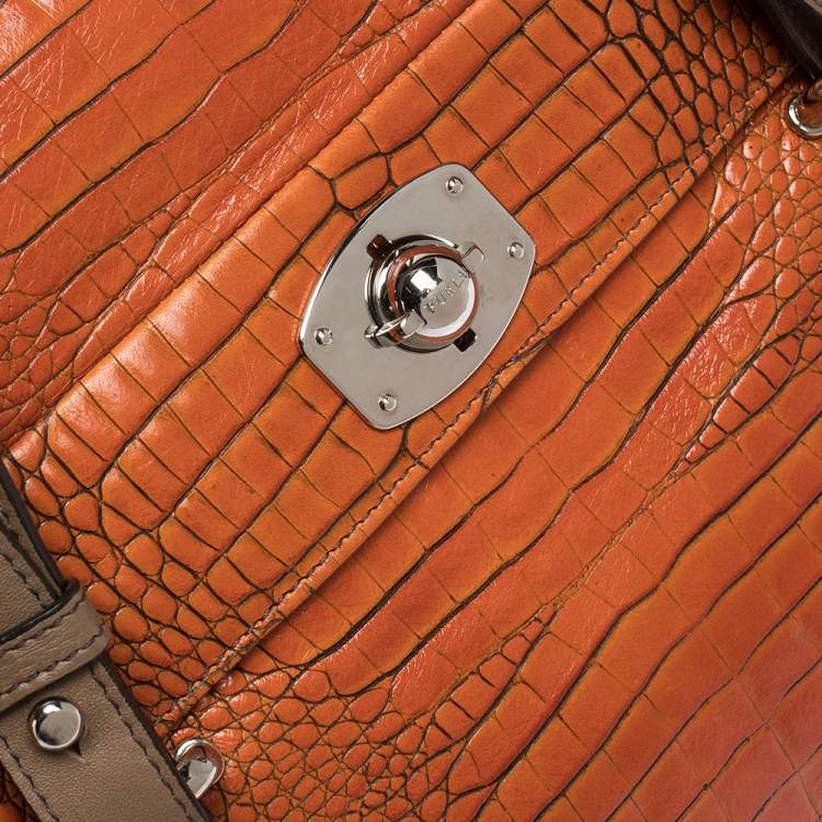Pre Owned Furla Orange/Brown Croc Embossed Leather Satchel 