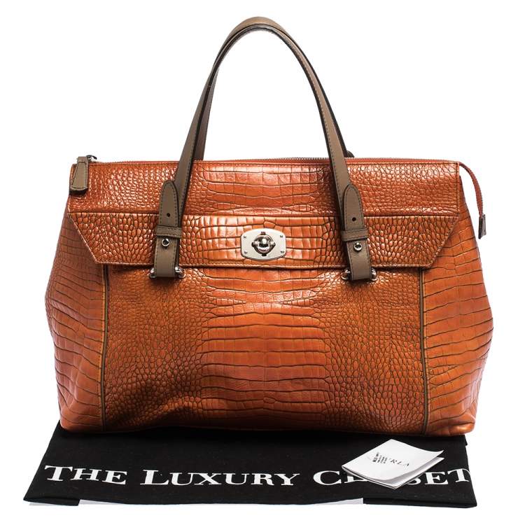 Pre Owned Furla Orange/Brown Croc Embossed Leather Satchel 