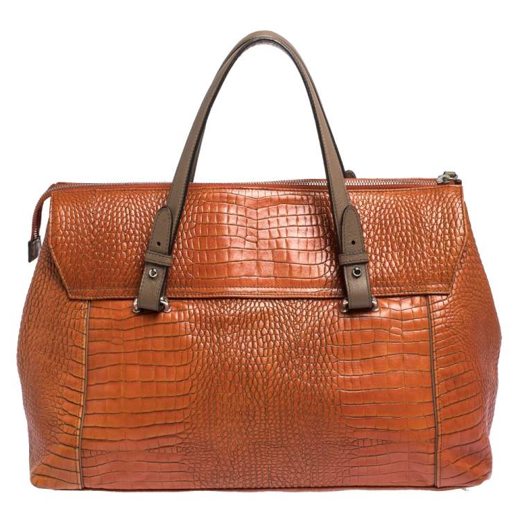 Pre Owned Furla Orange/Brown Croc Embossed Leather Satchel 