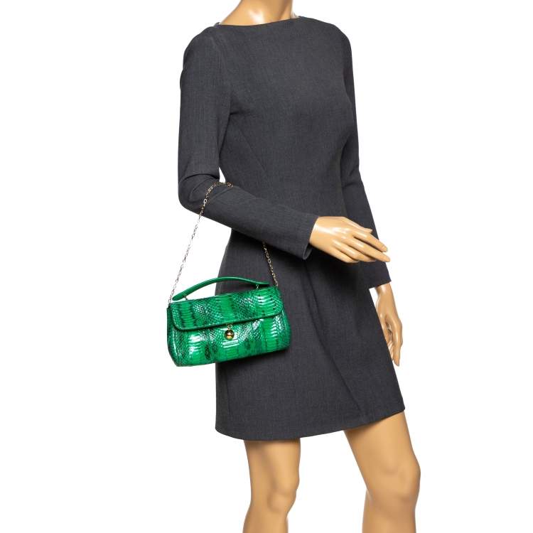 Pre Owned Furla Green Python Chain Clutch