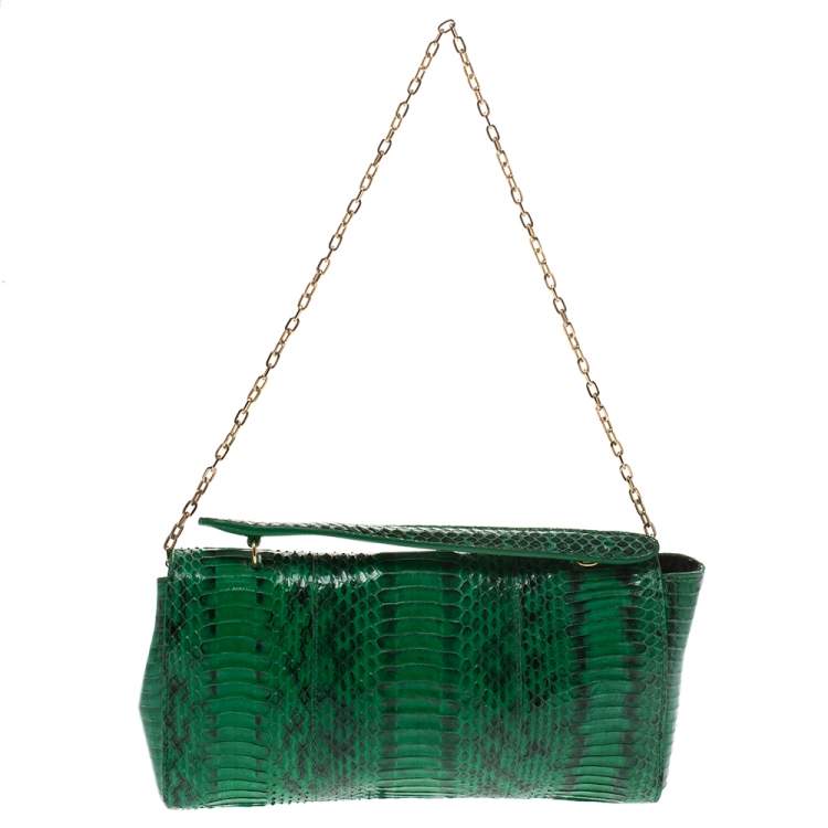 Pre Owned Furla Green Python Chain Clutch