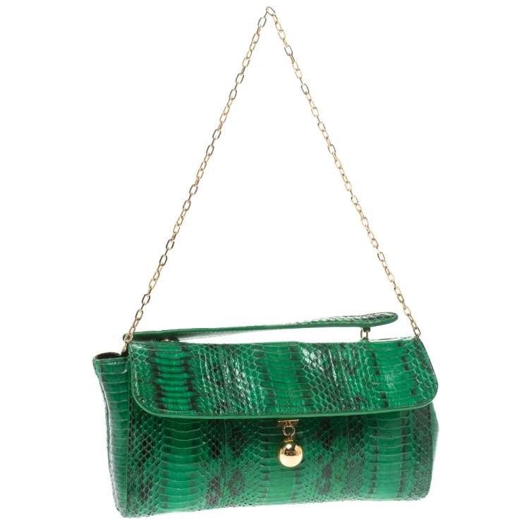 Pre Owned Furla Green Python Chain Clutch