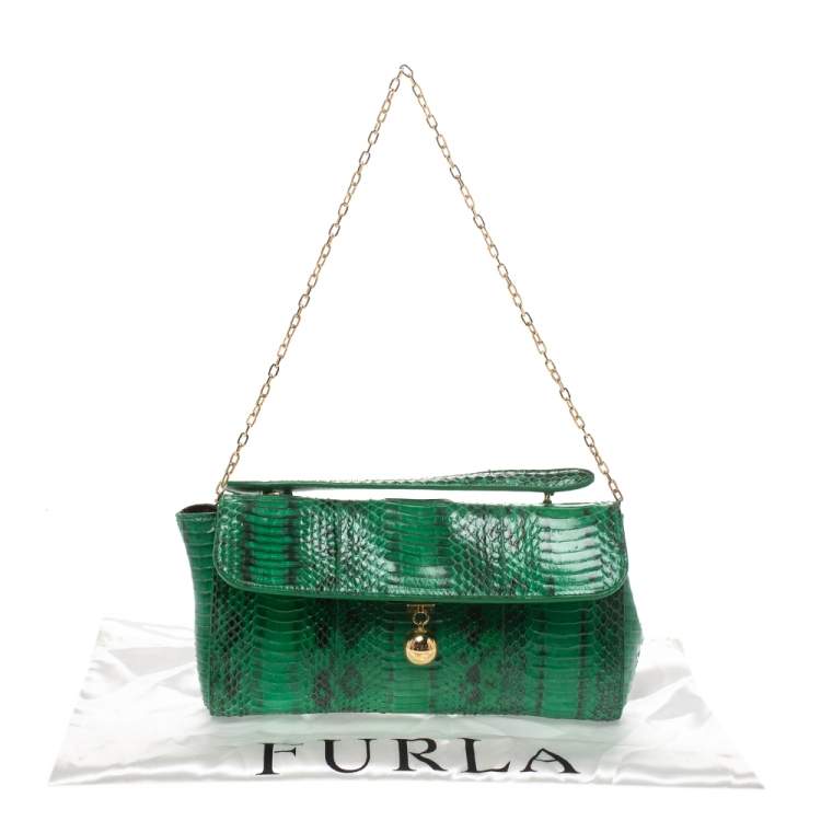 Pre Owned Furla Green Python Chain Clutch