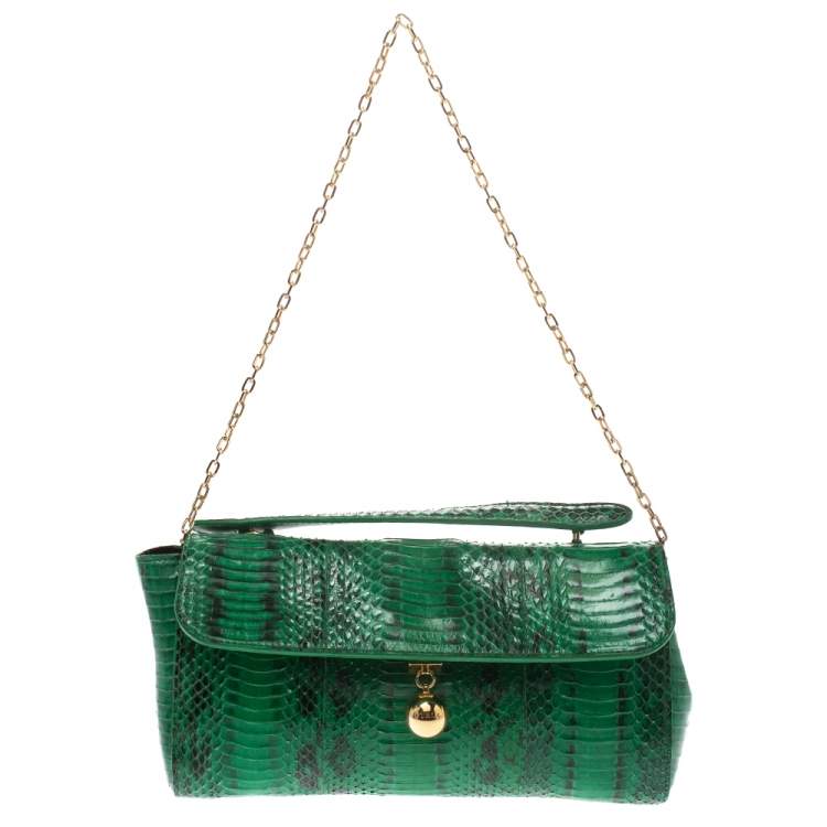 Pre Owned Furla Green Python Chain Clutch