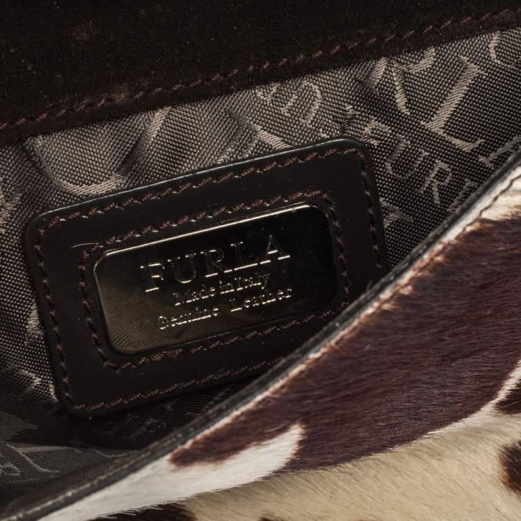Pre Owned Furla Dark Brown/White Calfhair and Leather Flap Chain Bag