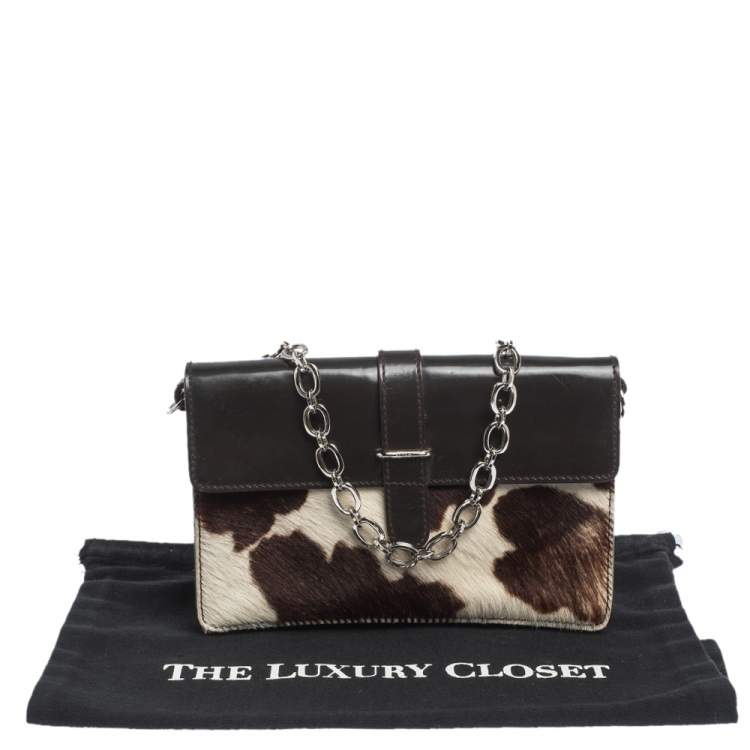 Pre Owned Furla Dark Brown/White Calfhair and Leather Flap Chain Bag