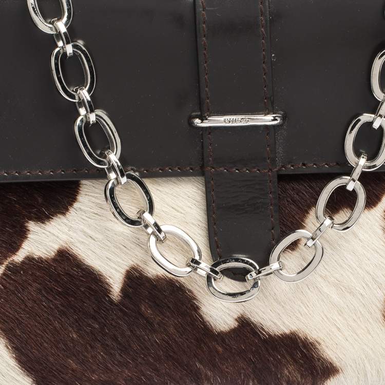 Pre Owned Furla Dark Brown/White Calfhair and Leather Flap Chain Bag
