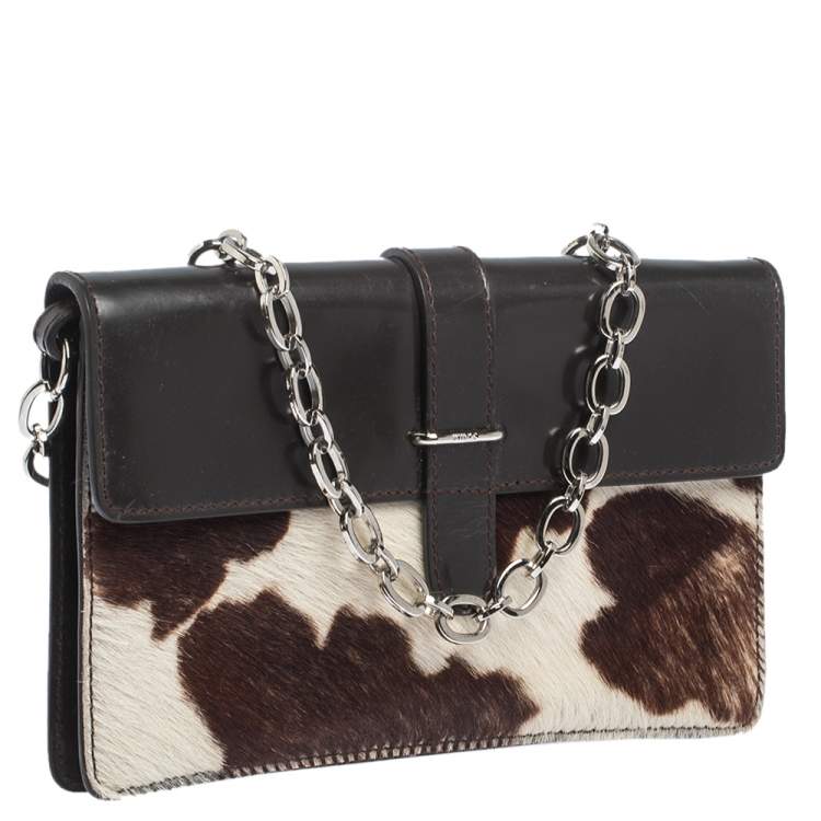 Pre Owned Furla Dark Brown/White Calfhair and Leather Flap Chain Bag
