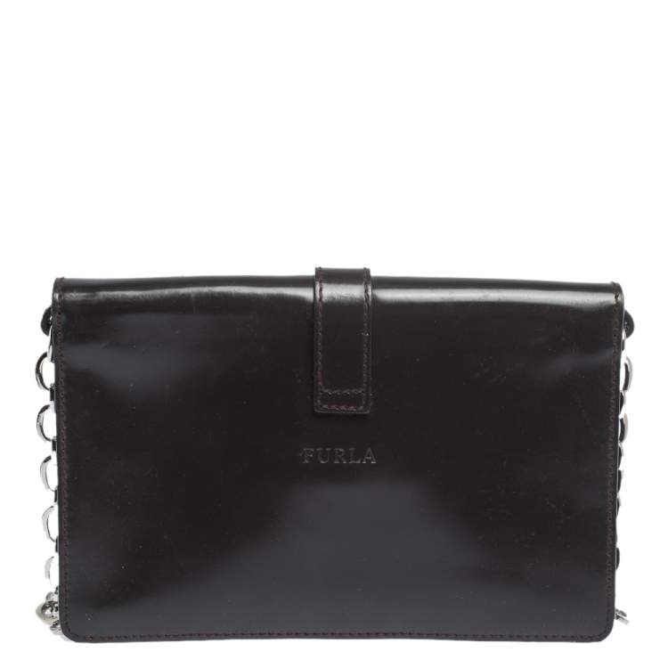 Pre Owned Furla Dark Brown/White Calfhair and Leather Flap Chain Bag