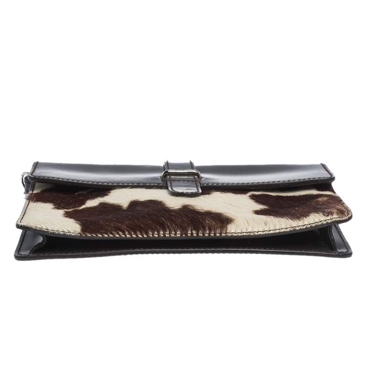 Pre Owned Furla Dark Brown/White Calfhair and Leather Flap Chain Bag