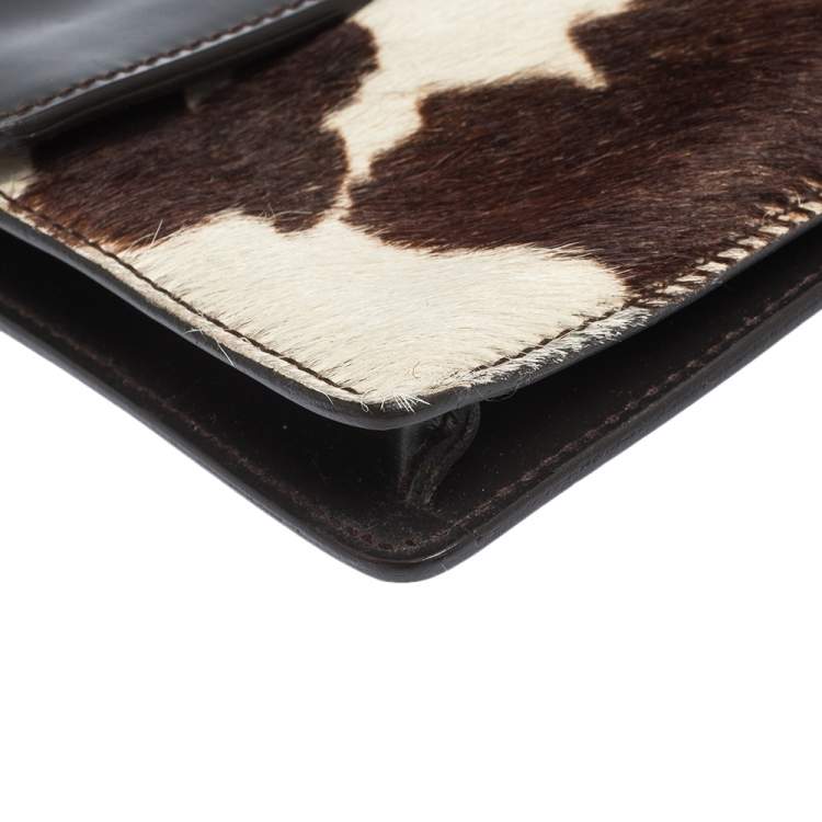 Pre Owned Furla Dark Brown/White Calfhair and Leather Flap Chain Bag