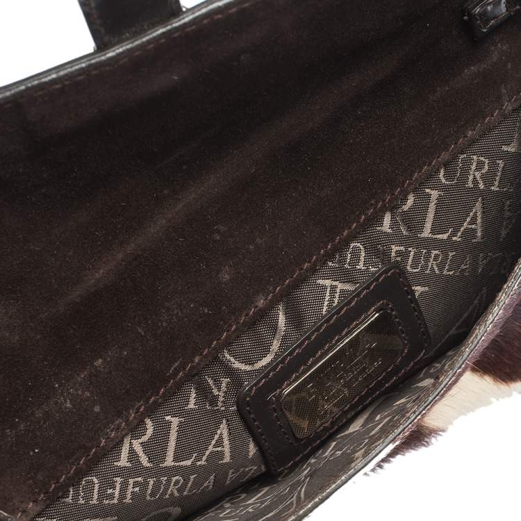 Pre Owned Furla Dark Brown/White Calfhair and Leather Flap Chain Bag