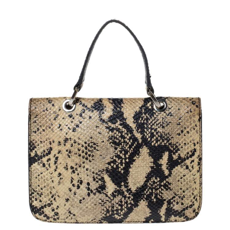 Pre Owned Furla Cream/Black Python Effect Leather Flap Top Handle Bag
