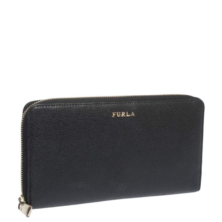 Pre Owned Furla Black Leather Zip Around Wallet