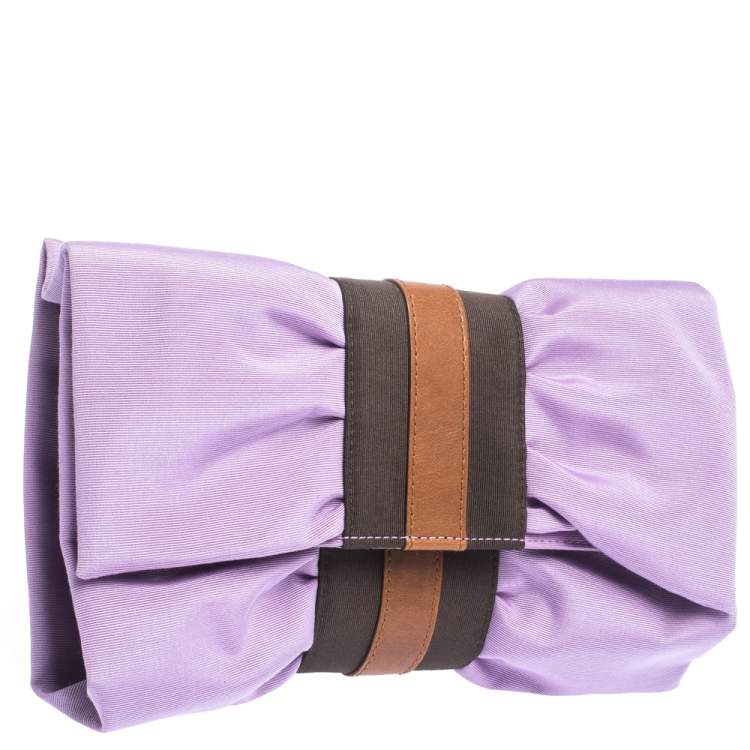 Pre Owned Furla Lavander/Brown Canvas and Leather Bow Clutch