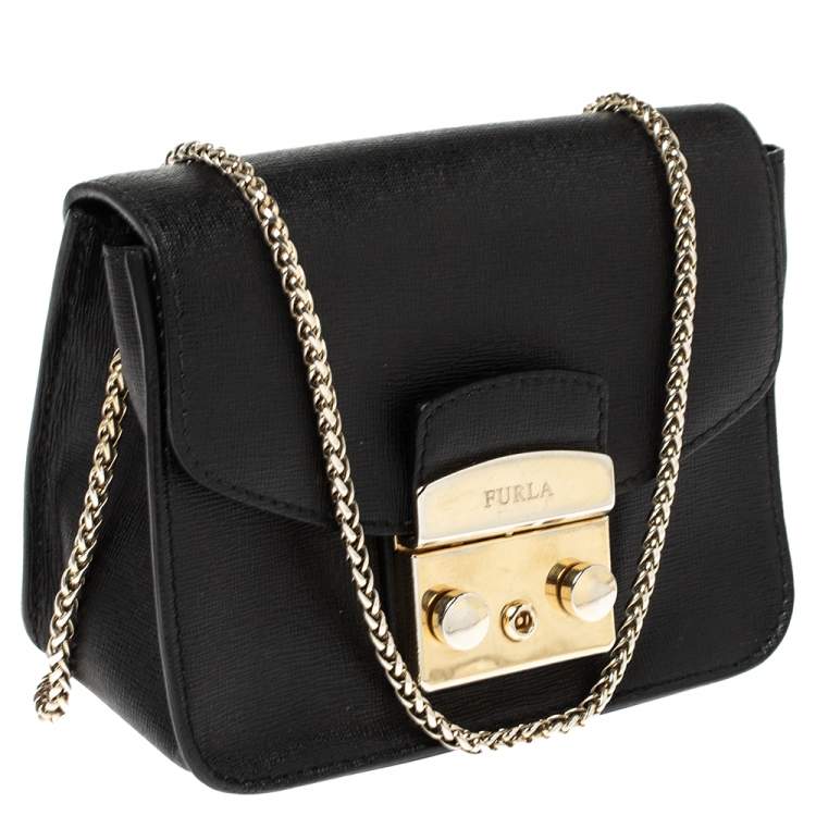 Pre Owned Furla Black Leather Mini Metropolis Chain Crossbody Bag