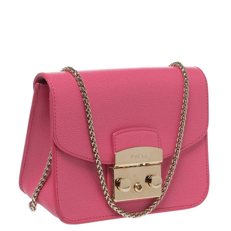 Pre Owned Furla Pink Leather Mini Metropolis Chain Shoulder Bag