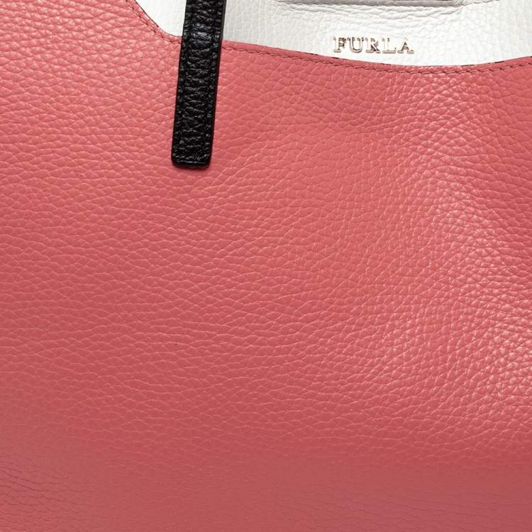 Pre Owned Furla Coral Orange/White Soft Leather Snap Tote