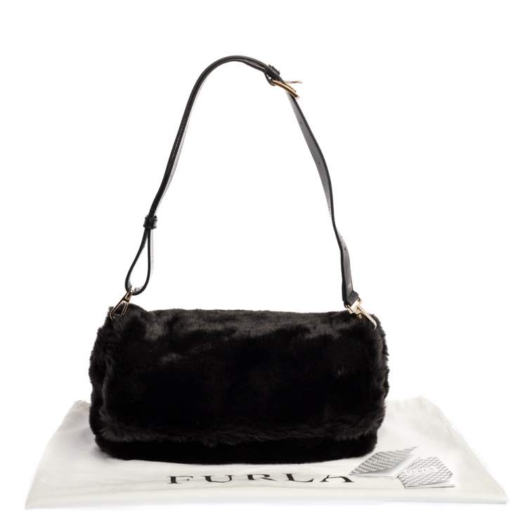 Pre Owned Furla Black Faux Fur Caos Shoulder Bag
