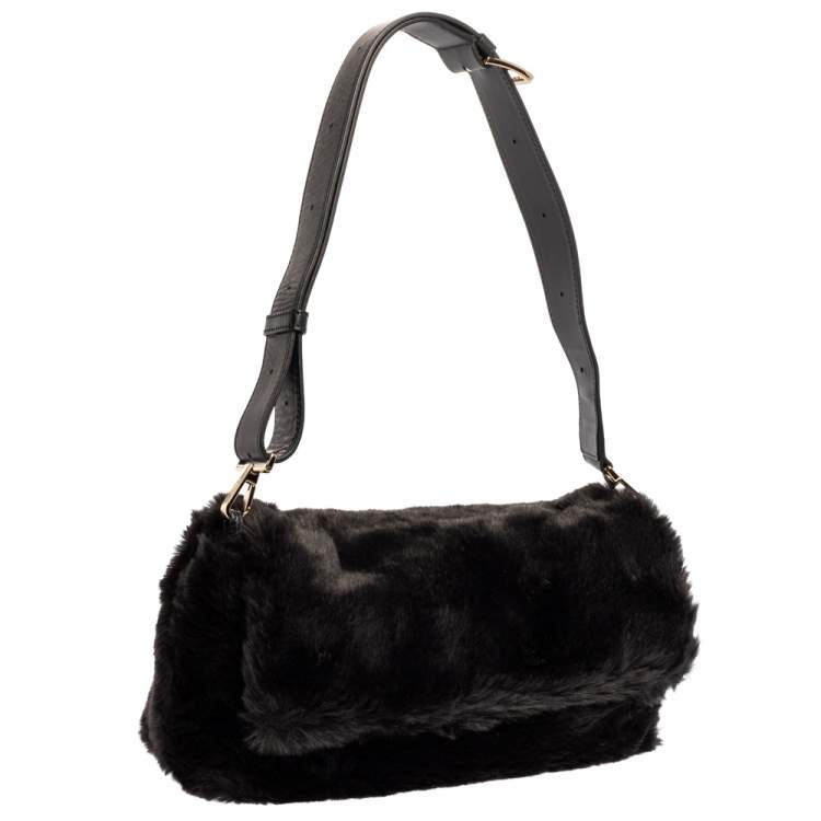 Pre Owned Furla Black Faux Fur Caos Shoulder Bag