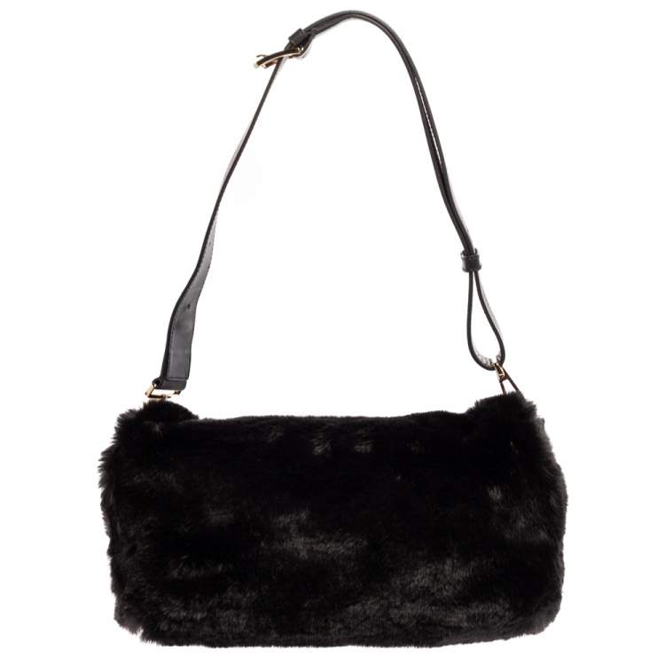 Pre Owned Furla Black Faux Fur Caos Shoulder Bag