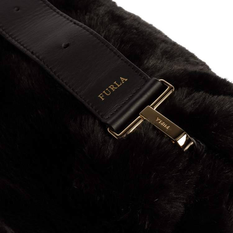 Pre Owned Furla Black Faux Fur Caos Shoulder Bag