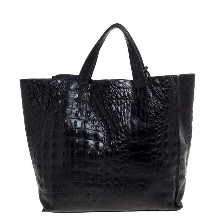 مملوكة مسبقًا Furla Black Croc Embossed Leather Tote