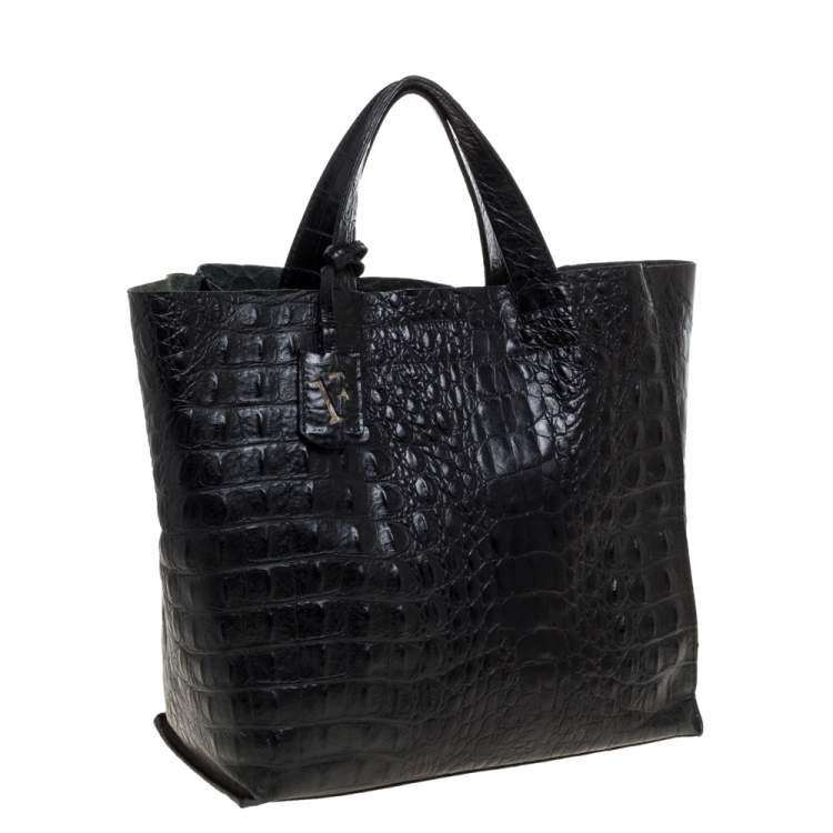 مملوكة مسبقًا Furla Black Croc Embossed Leather Tote
